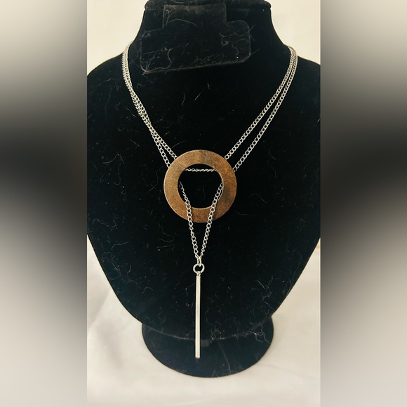 Jewelry - Vintage Infinity “Y” Necklace - Wood Circle With Drop Through Bar In Silver Tone